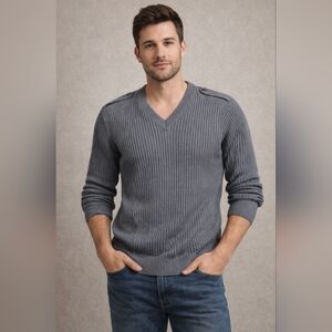 Men L BR Banana Republic Knit Military Vneck Sweater Grey Merino Wool (HL116)
